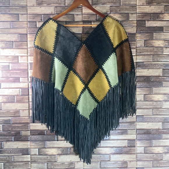 pre owned maxima wilsons leather patchwork fringe western poncho womens s/m - Picture 3 of 9